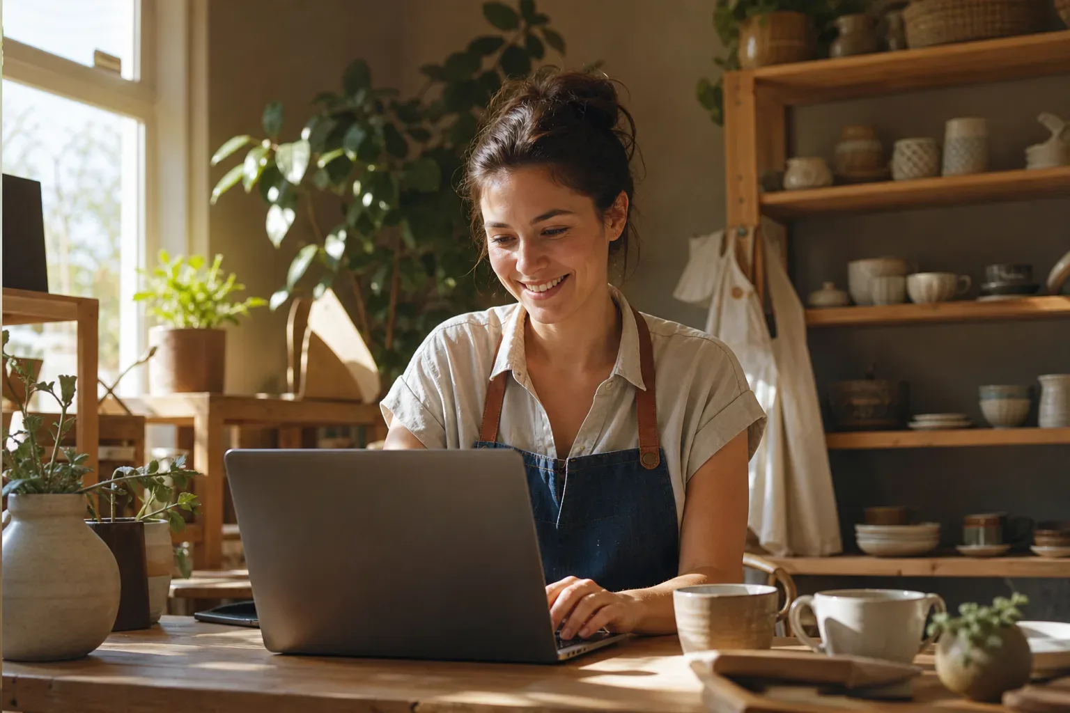 A new business owner setting up their first website on a laptop the same day as opening