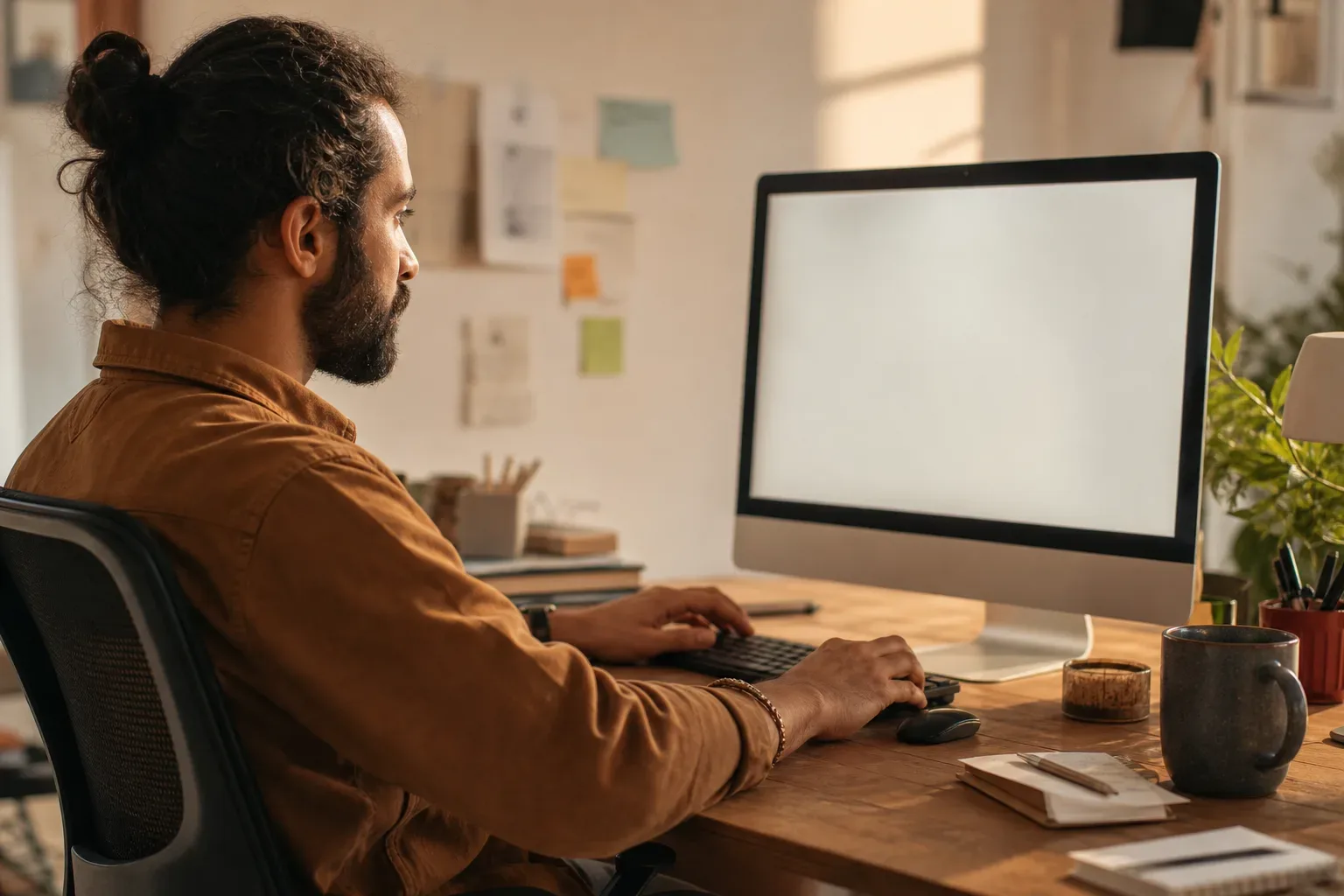 A startup team member typing a question into a search engine on a desktop computer