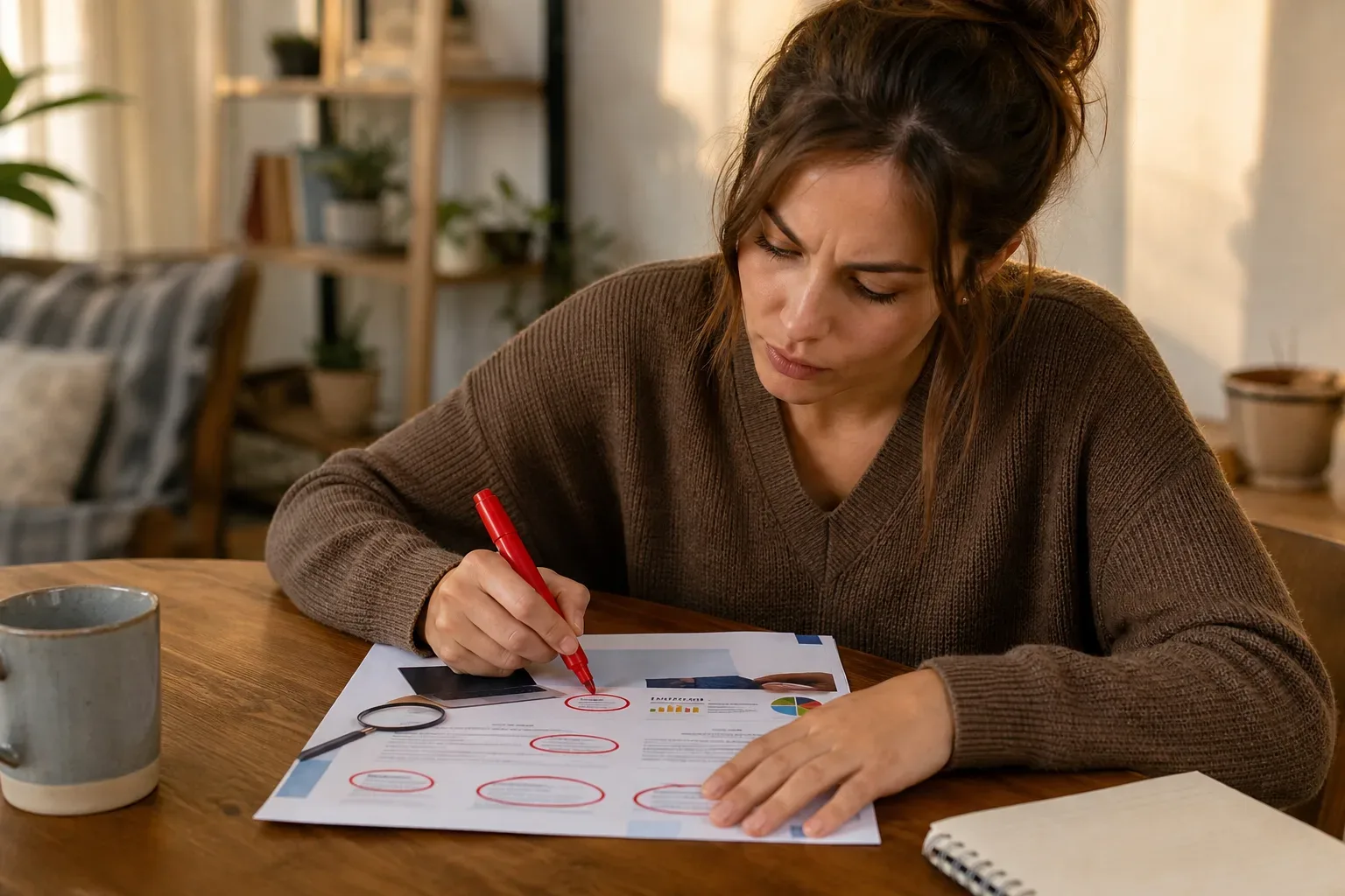A person circling suspicious claims on a printed SEO offer flyer with a red marker