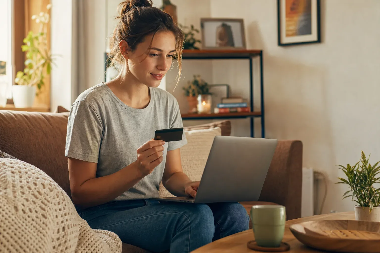 A person completing an online purchase after finding a product through a search engine result
