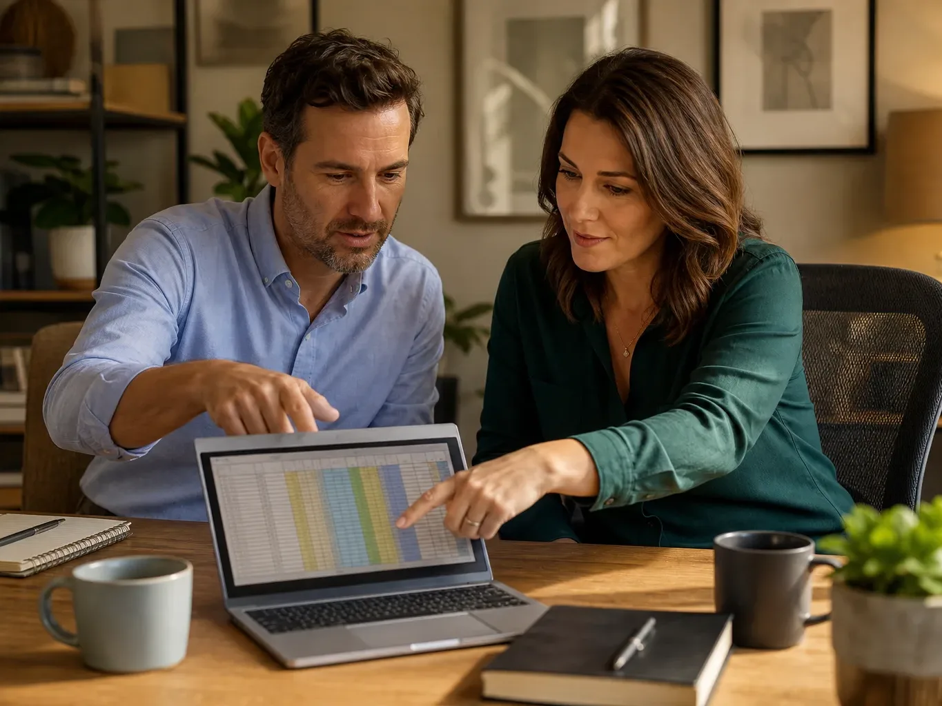 A finance director and marketing director pointing at different columns of a pricing model spreadsheet