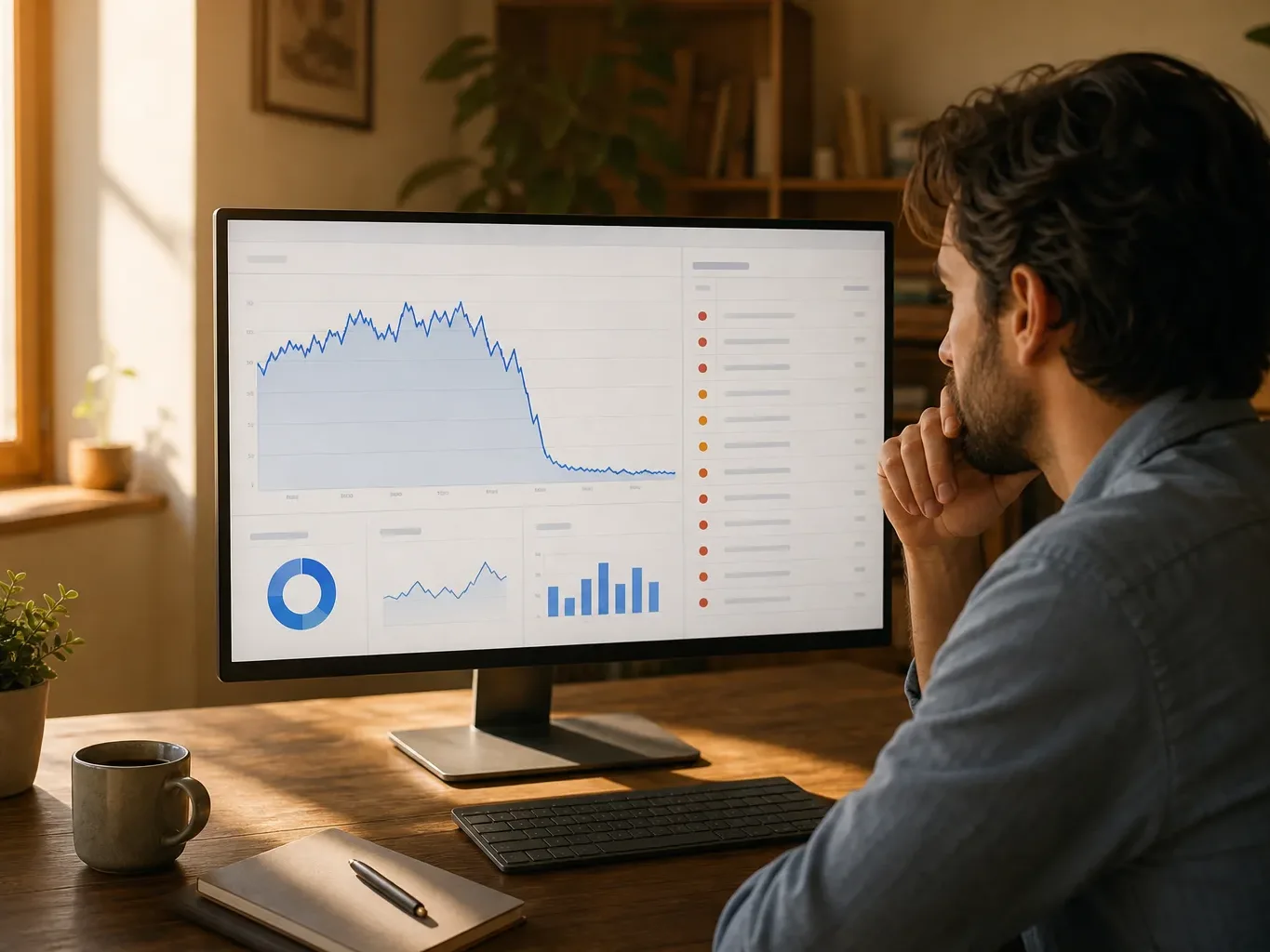 A website analytics dashboard showing a sharp drop in organic traffic beside a list of error codes