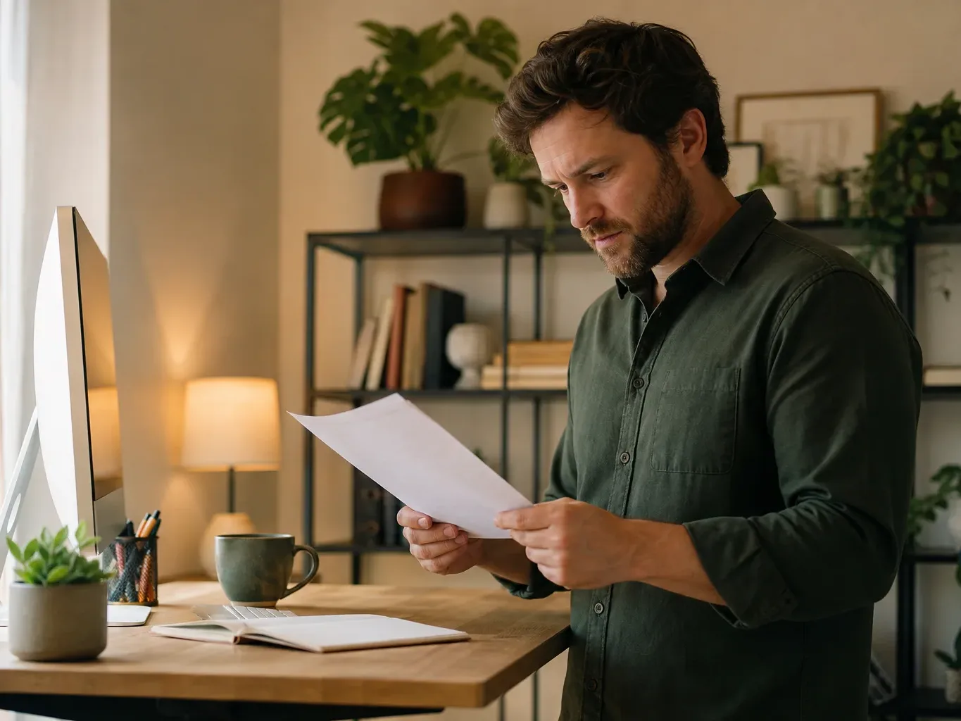 A web manager reading a printed troubleshooting guide for crawl issues at a standing desk
