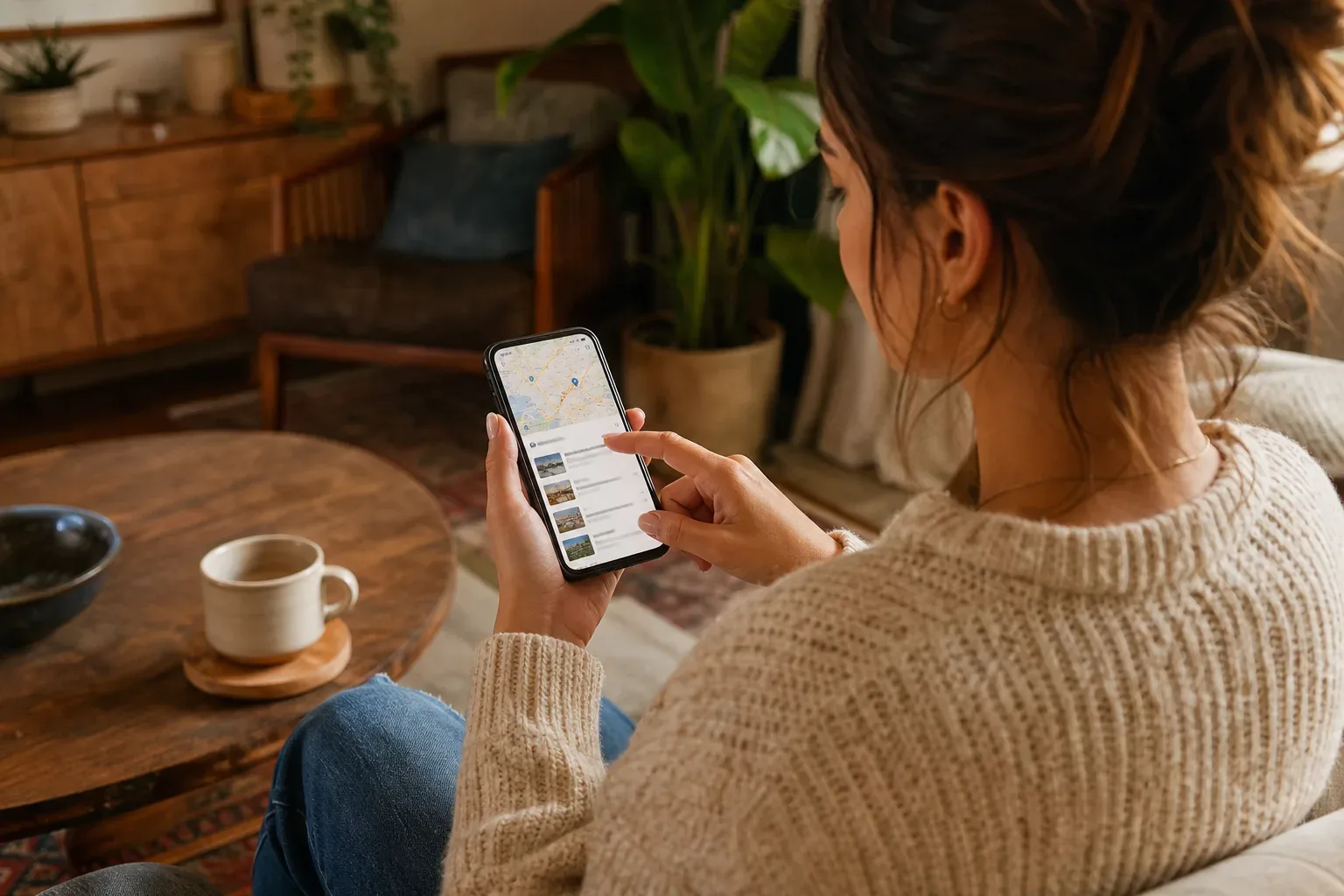 A customer using a phone to find and tap on a business listing in a map search