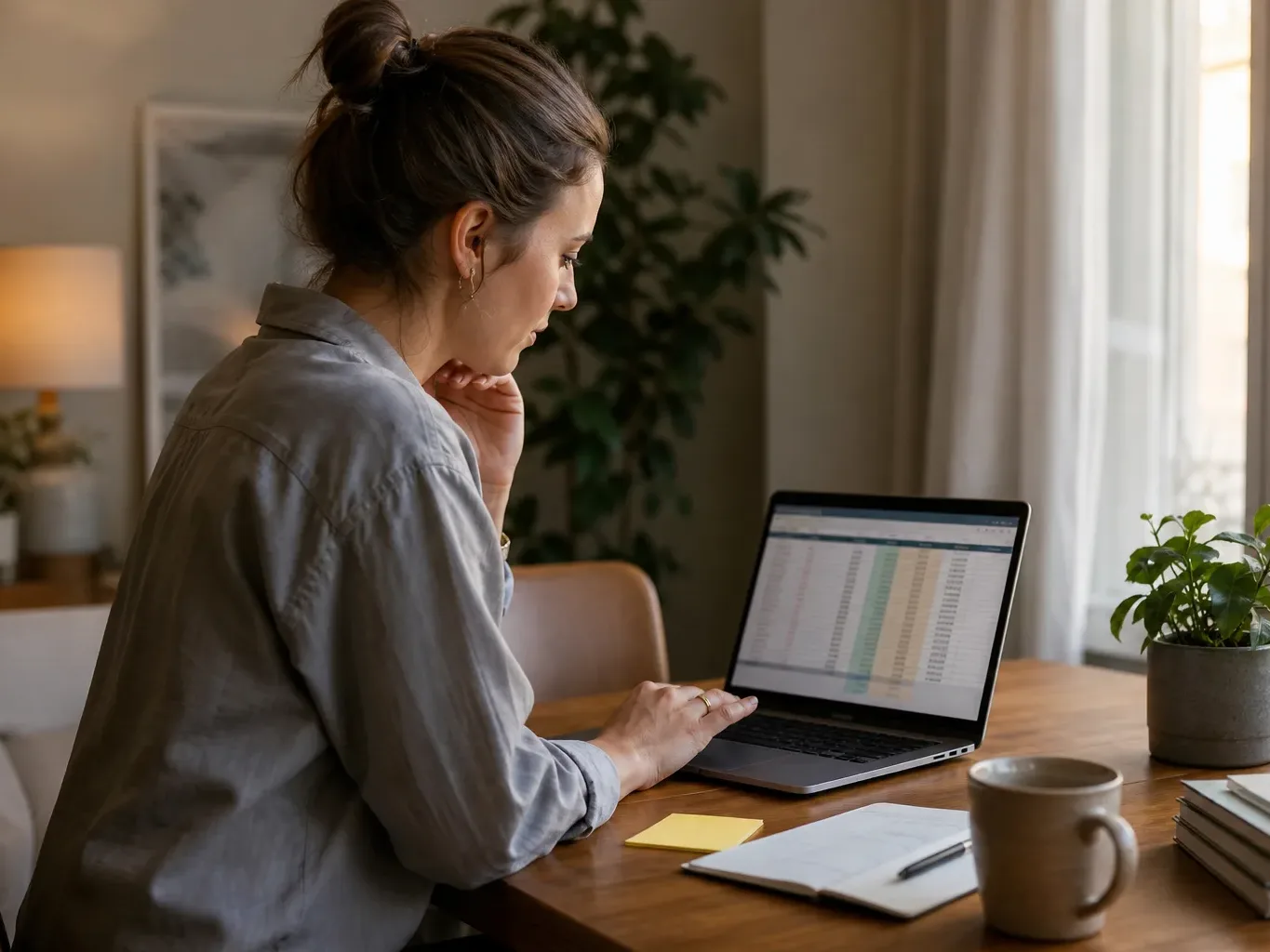 A freelancer reviewing a service cost breakdown spreadsheet on a laptop