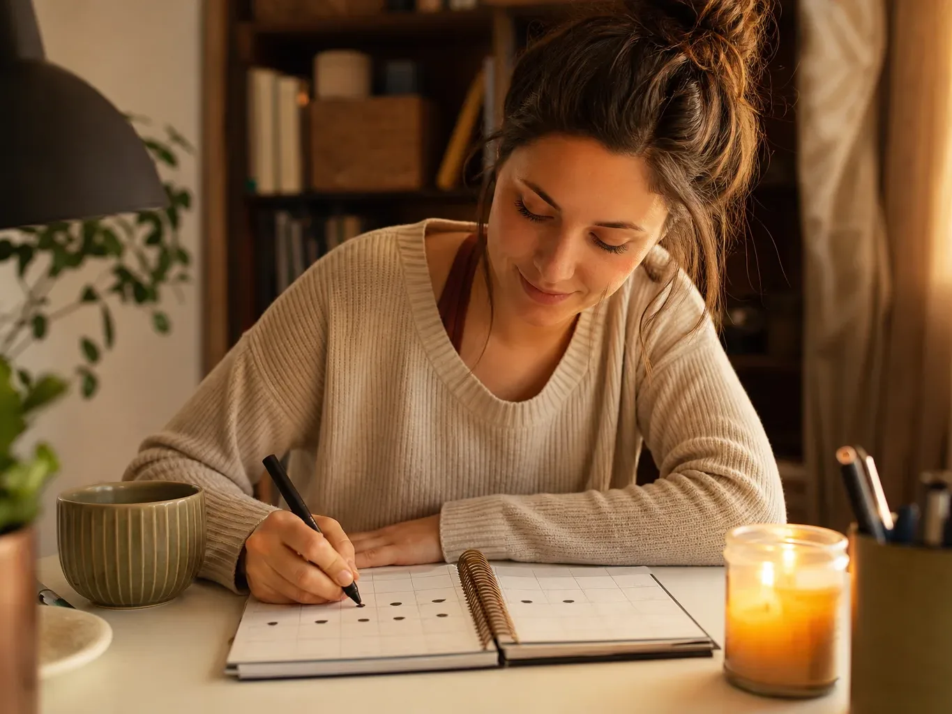 A person marking weekly progress milestones on a desk planner
