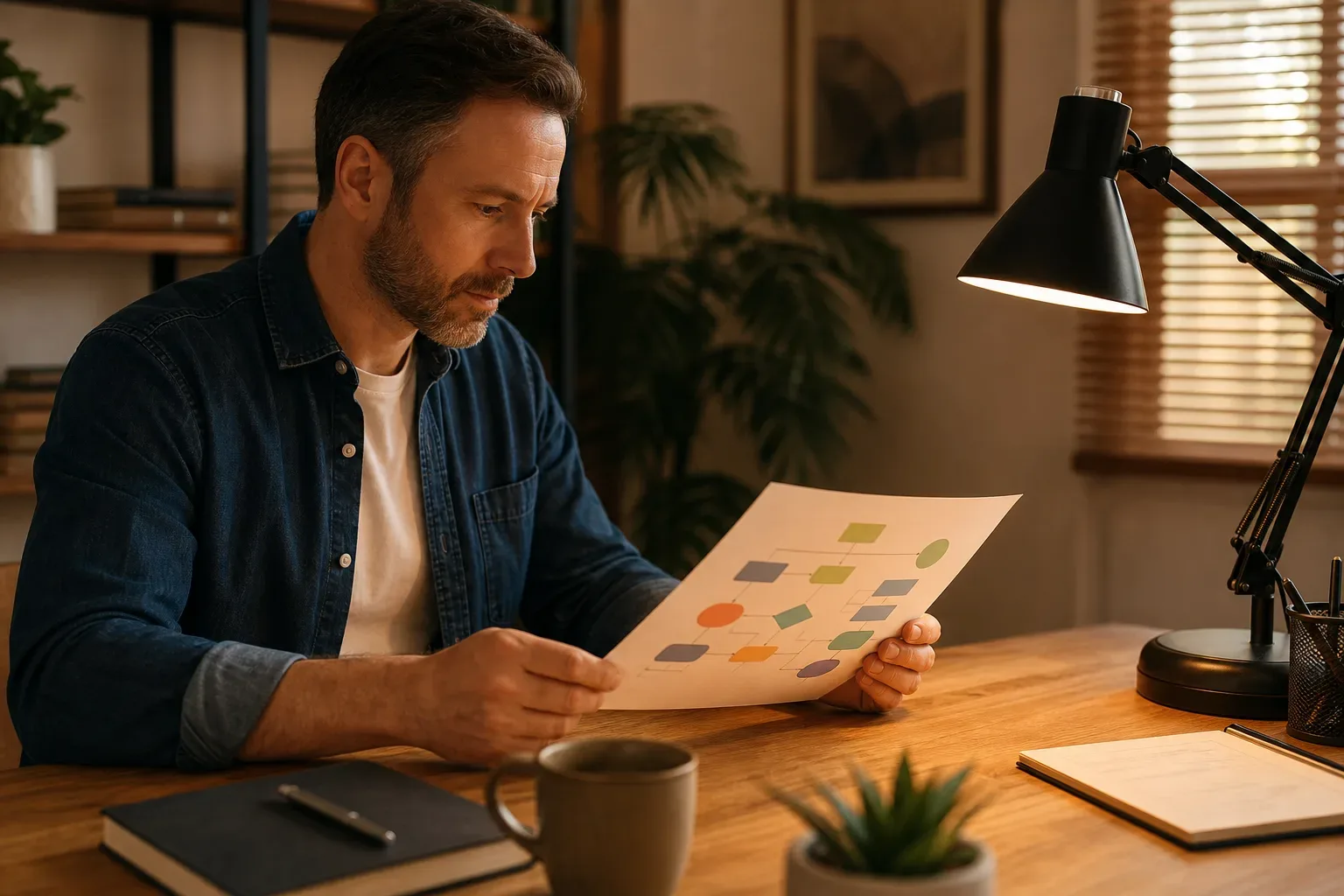 A printed SEO methodology flowchart being reviewed by a business owner under a desk lamp