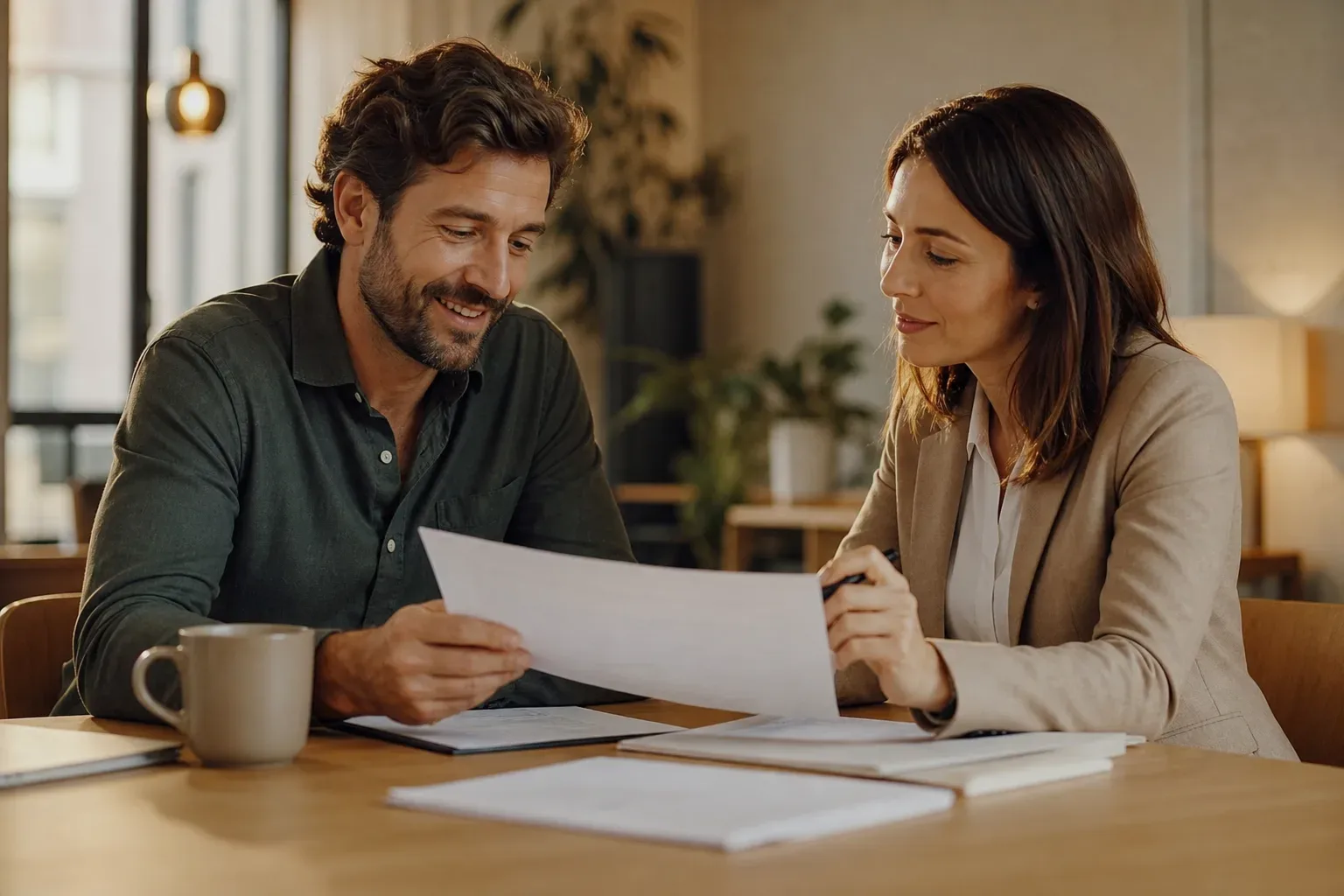 Two professionals sitting across a desk reviewing a printed proposal together