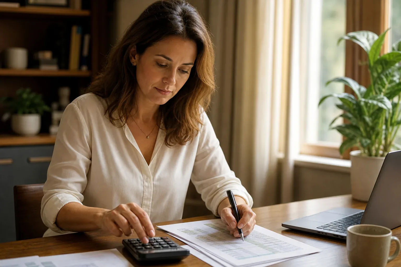 A finance manager calculating in-house salary costs versus agency fees on a calculator beside a spreadsheet