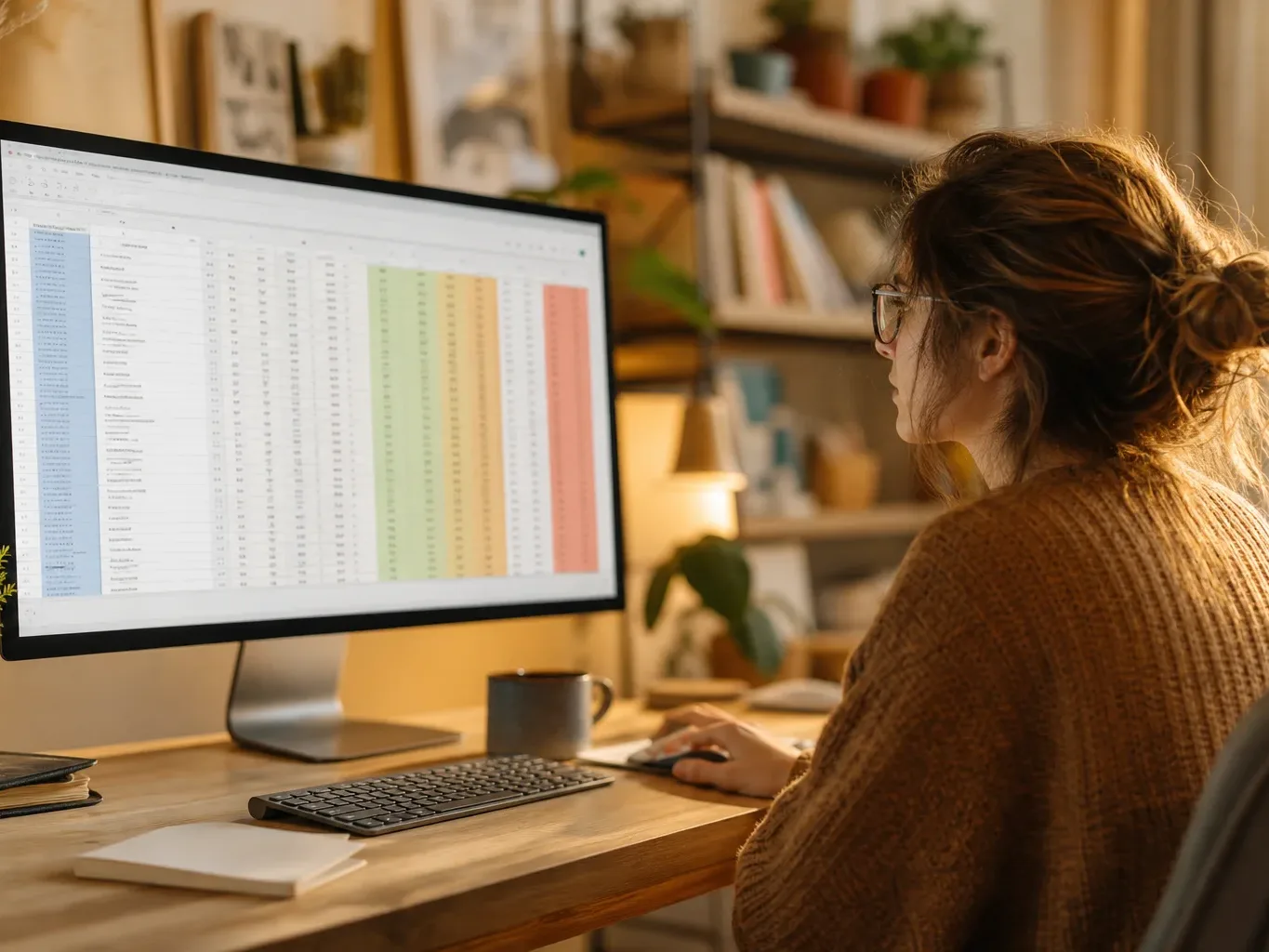 A keyword research spreadsheet filtered by industry-specific search terms visible on a monitor