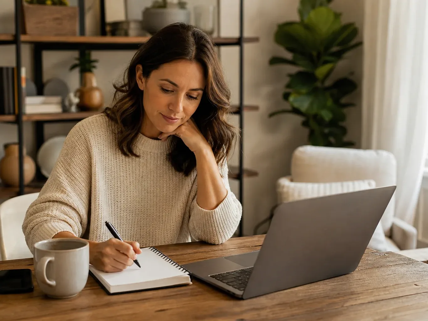 A business owner writing down industry SEO questions on a notepad before a consultation call