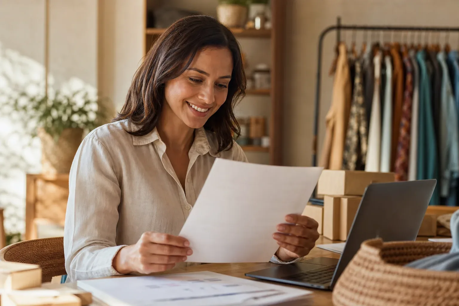 A business owner smiling while reading positive results on a printed monthly report