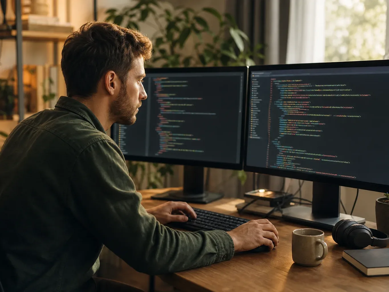 A developer inspecting website source code on a dual-monitor workstation
