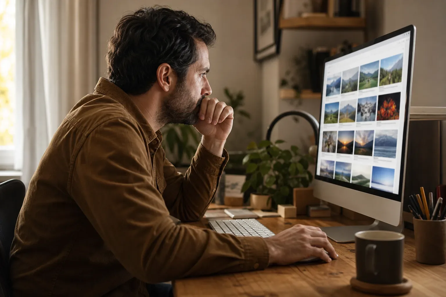 A person urgently scrolling through search results on a desktop monitor