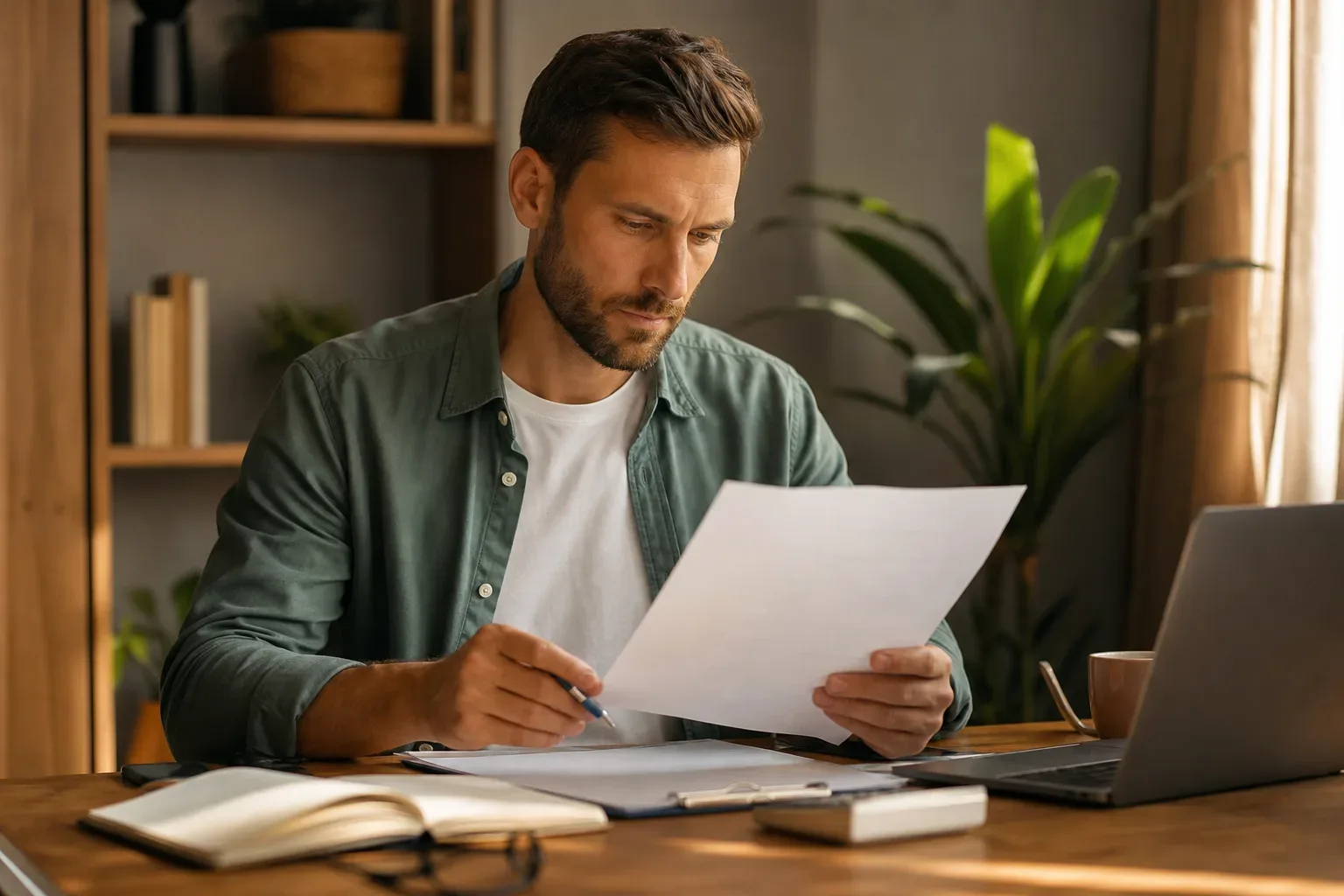 A business owner reviewing a printed pricing breakdown document at a desk