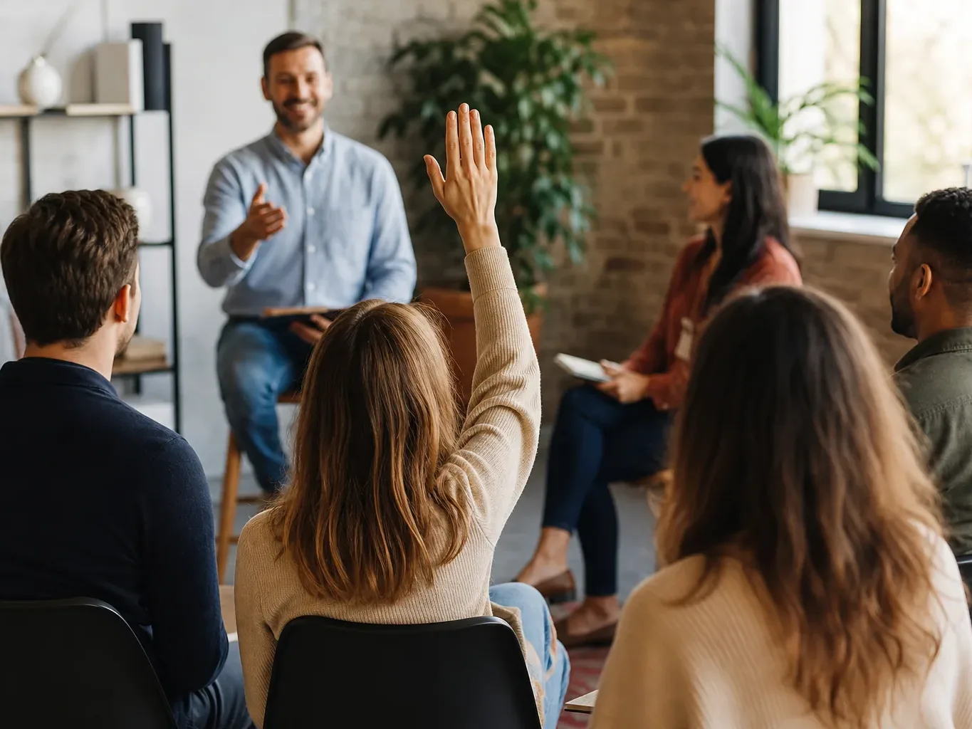 A person raising their hand to ask a question during a small group business workshop