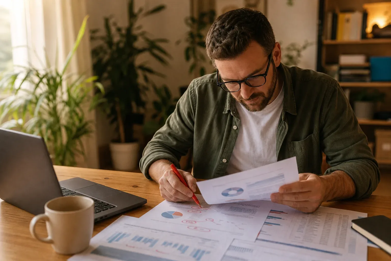 An SEO specialist annotating a website audit printout with a red pen