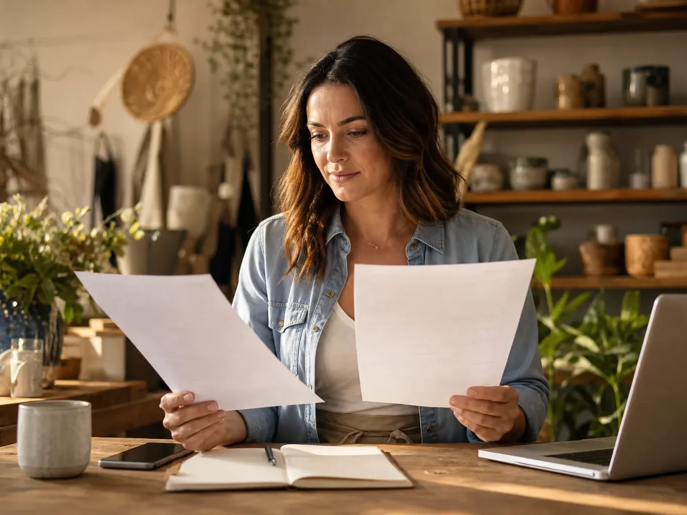 A small business owner comparing two printed quote documents side by side