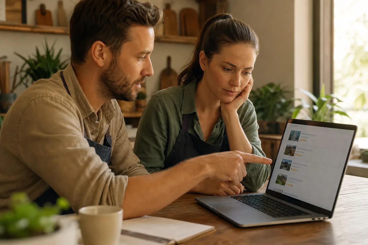 A business owner pointing at a competitor's higher-ranked listing on a laptop screen