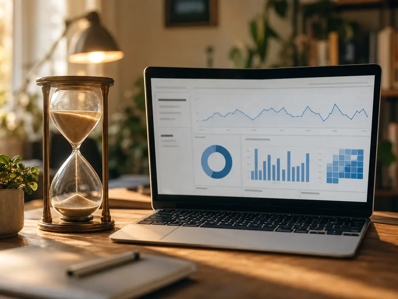 An hourglass placed beside a laptop showing a website analytics dashboard