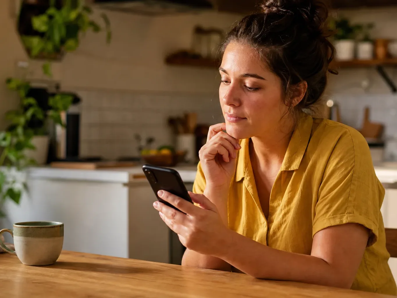 A person browsing a help page on a smartphone while seated at a kitchen table