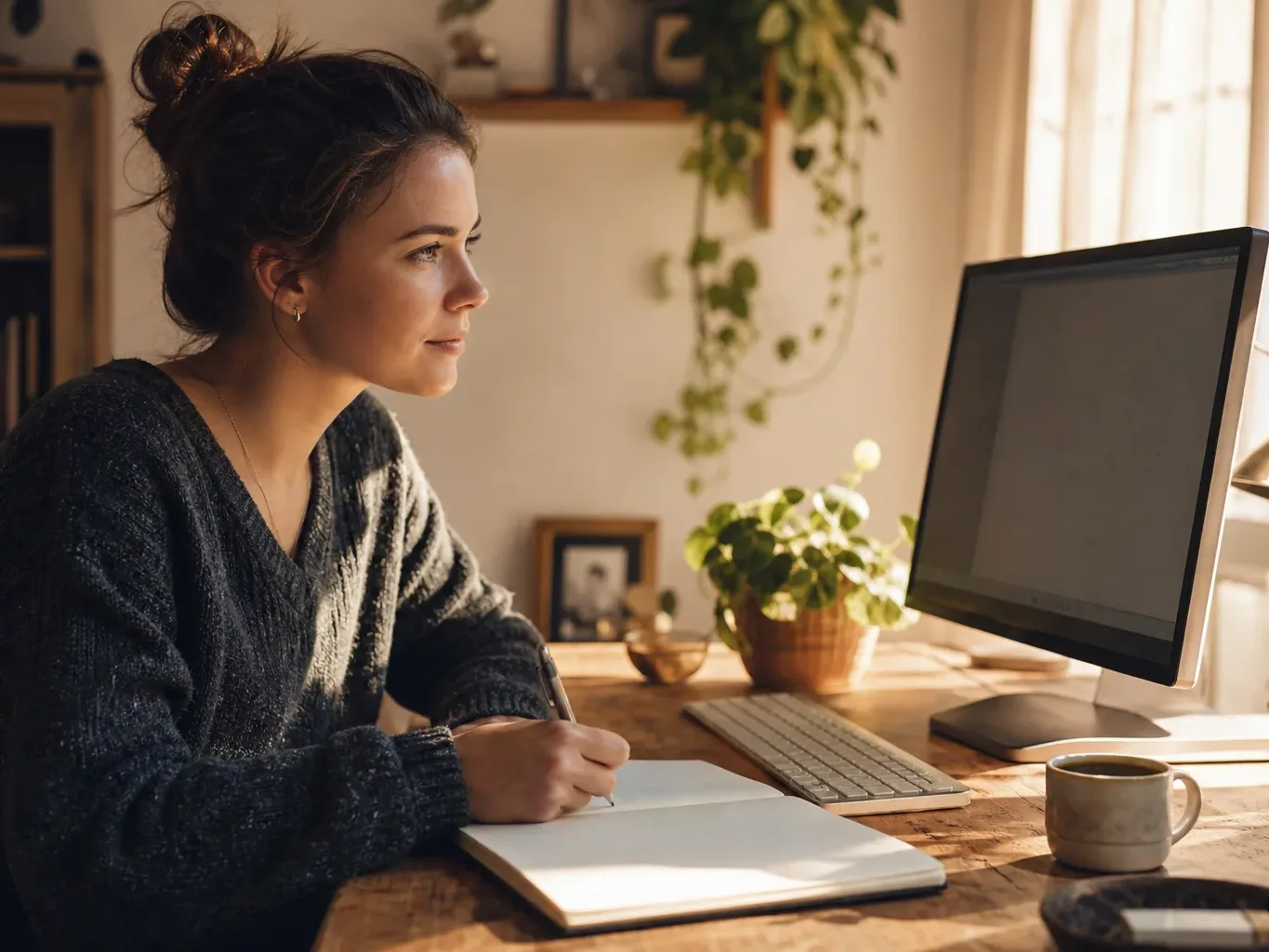 A person writing questions in a notebook while looking at a computer screen