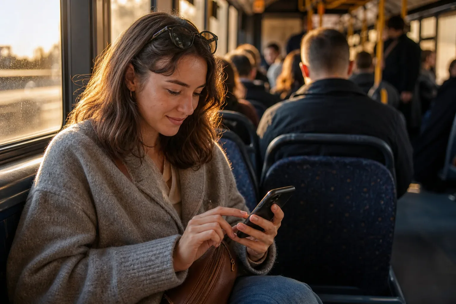 A person searching for a local service on a smartphone while commuting on a bus