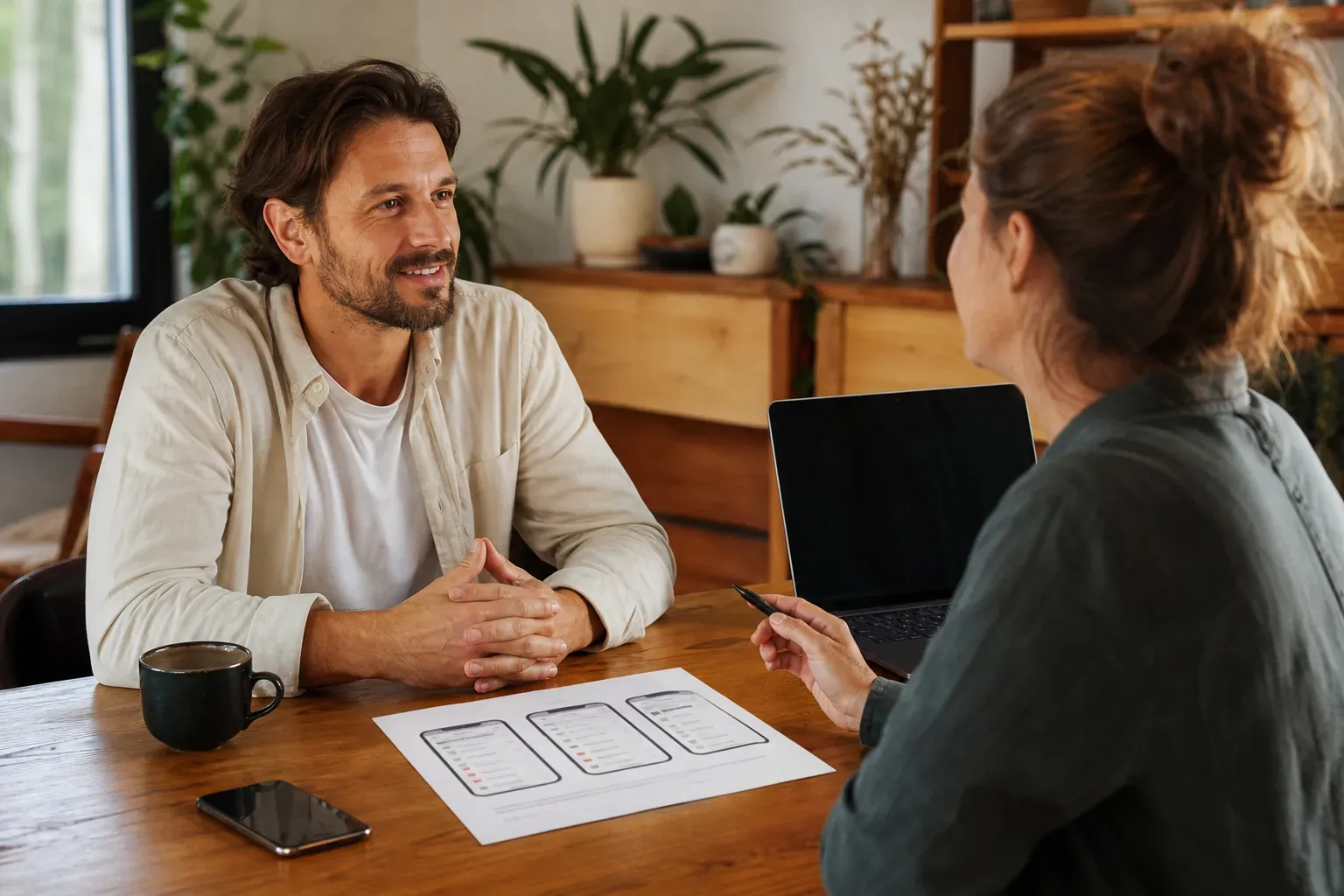 A business owner interviewing an SEO consultant with a printed mobile audit checklist on the table