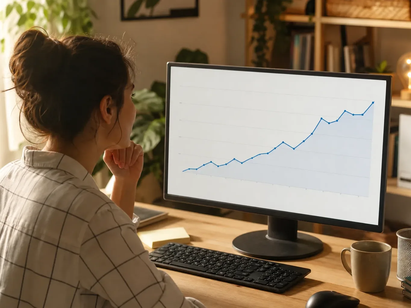 A line graph on a monitor showing gradual upward trend in website traffic over several months