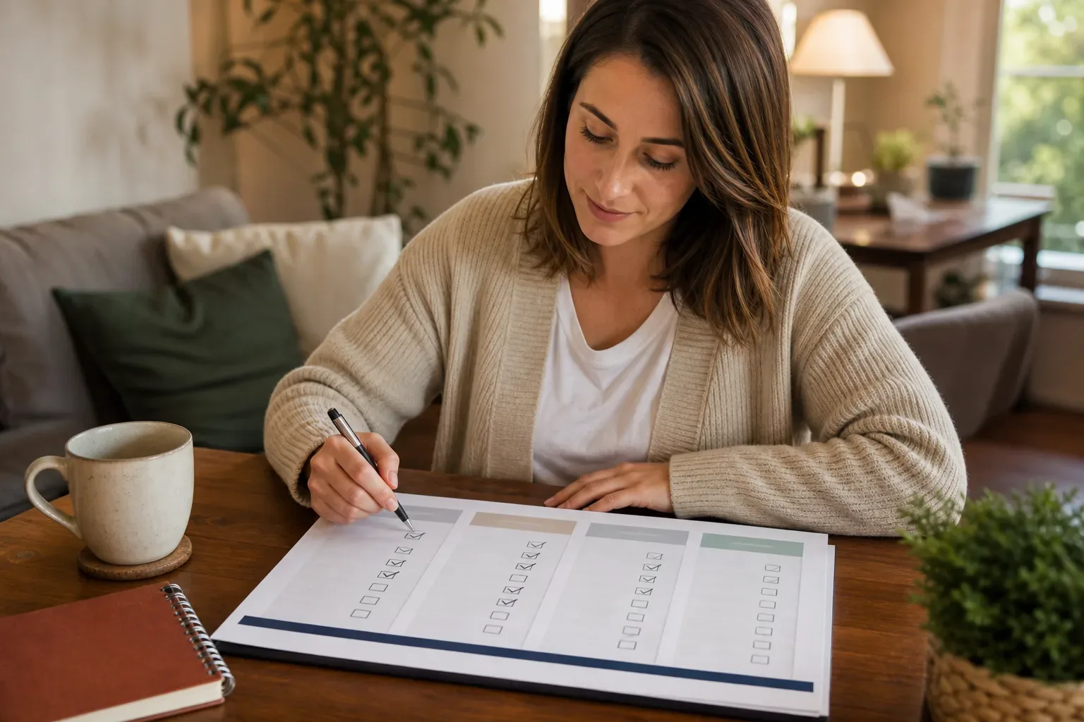 A person ticking boxes on a printed SEO package comparison checklist
