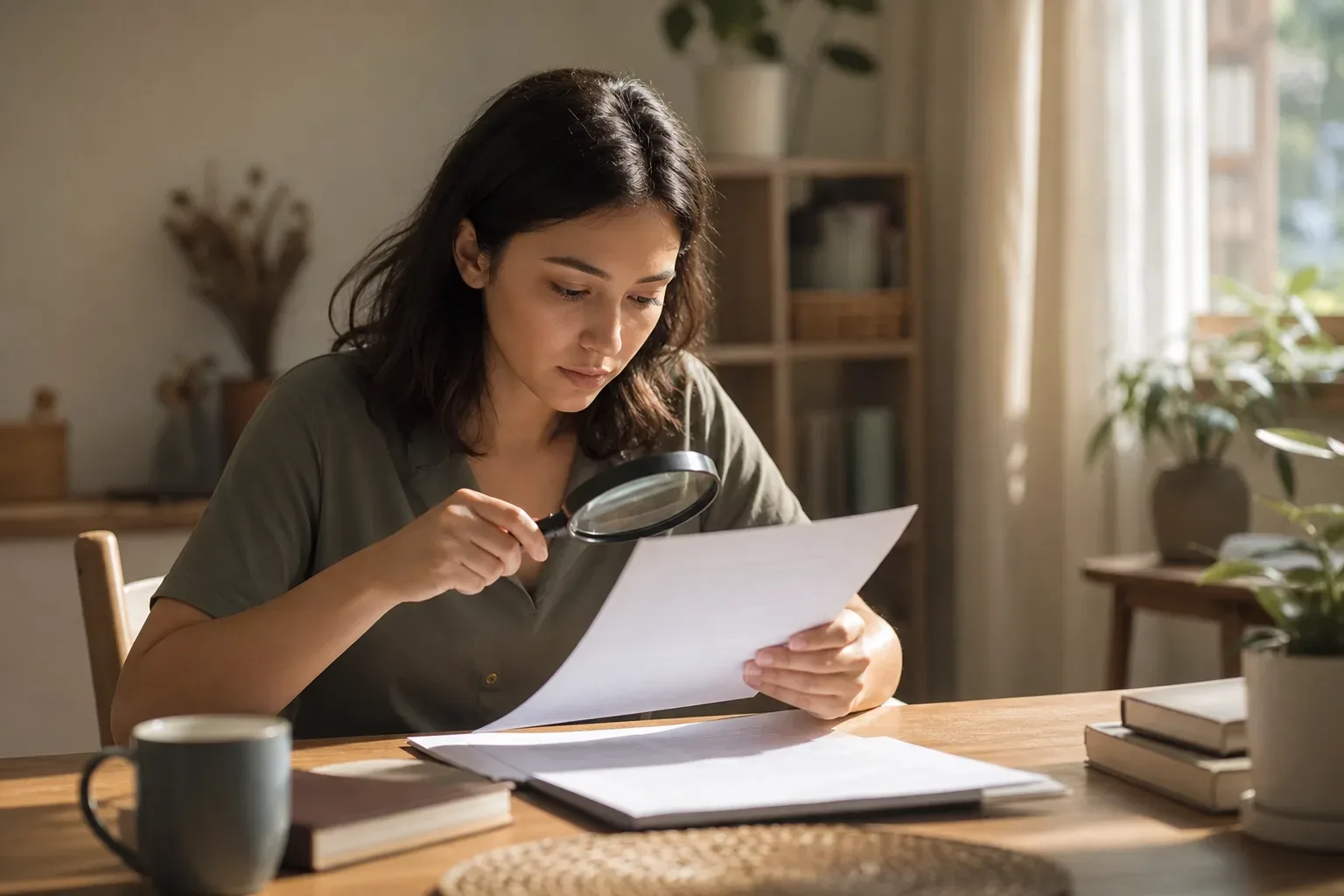 A person carefully reading through an agency contract with a magnifying glass