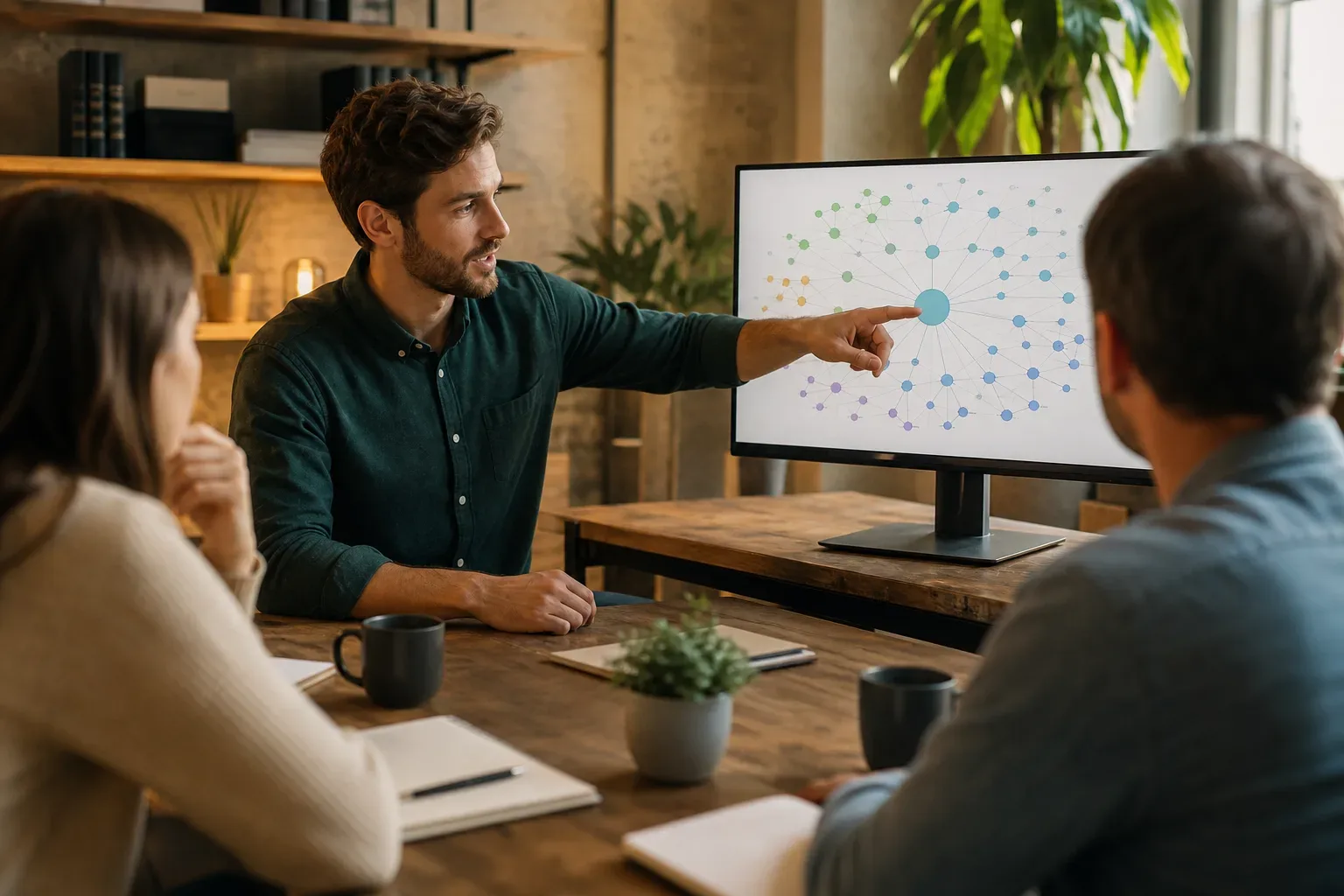 An SEO specialist pointing at an industry keyword map on a monitor during a client presentation