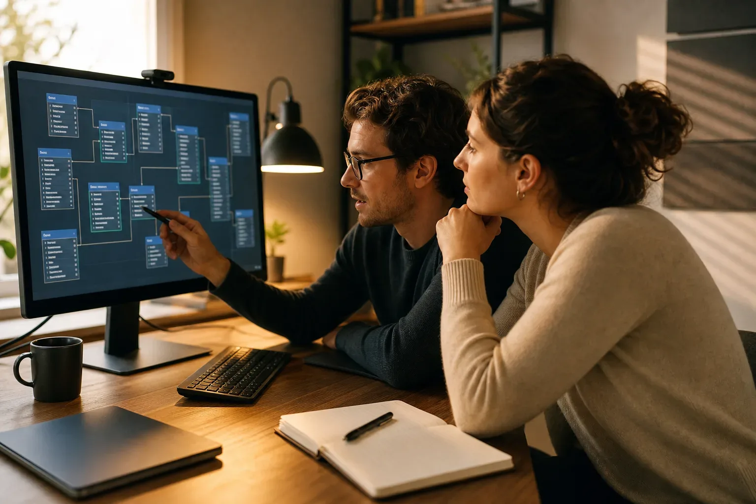A developer and client reviewing a schema implementation plan together on a shared screen