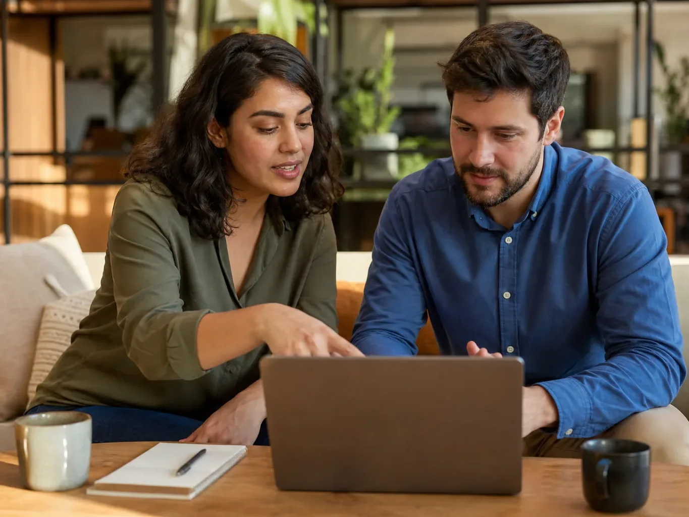 An account manager walking a client through a monthly deliverables list on a shared laptop