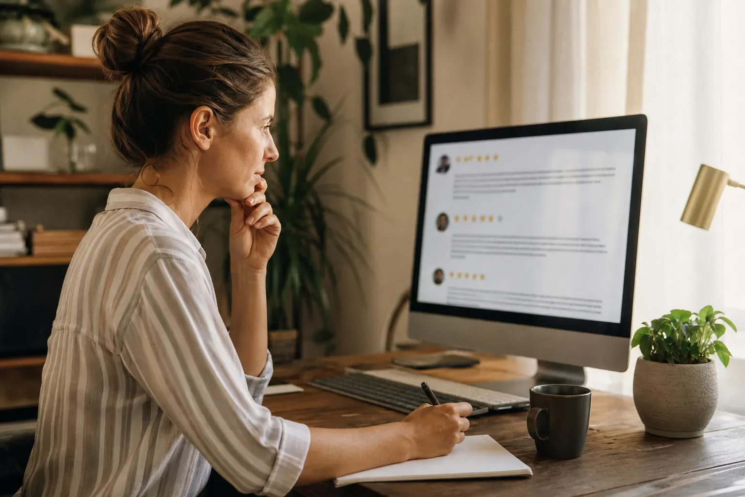 A business owner reading online reviews on a monitor while taking notes on paper