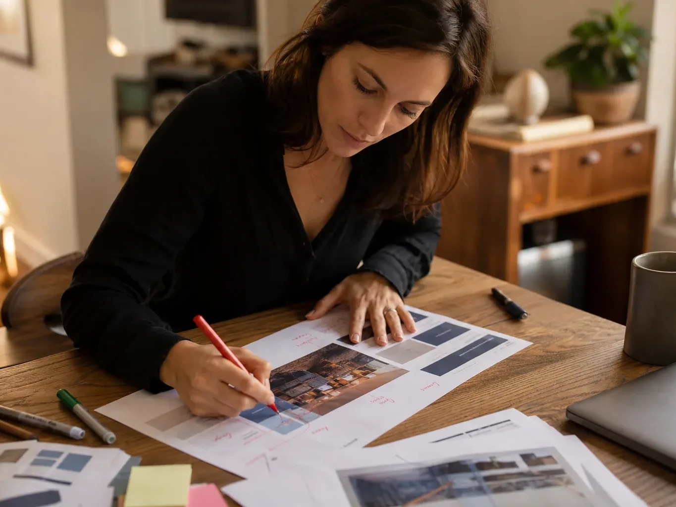 A consultant marking up a printed website screenshot with correction annotations