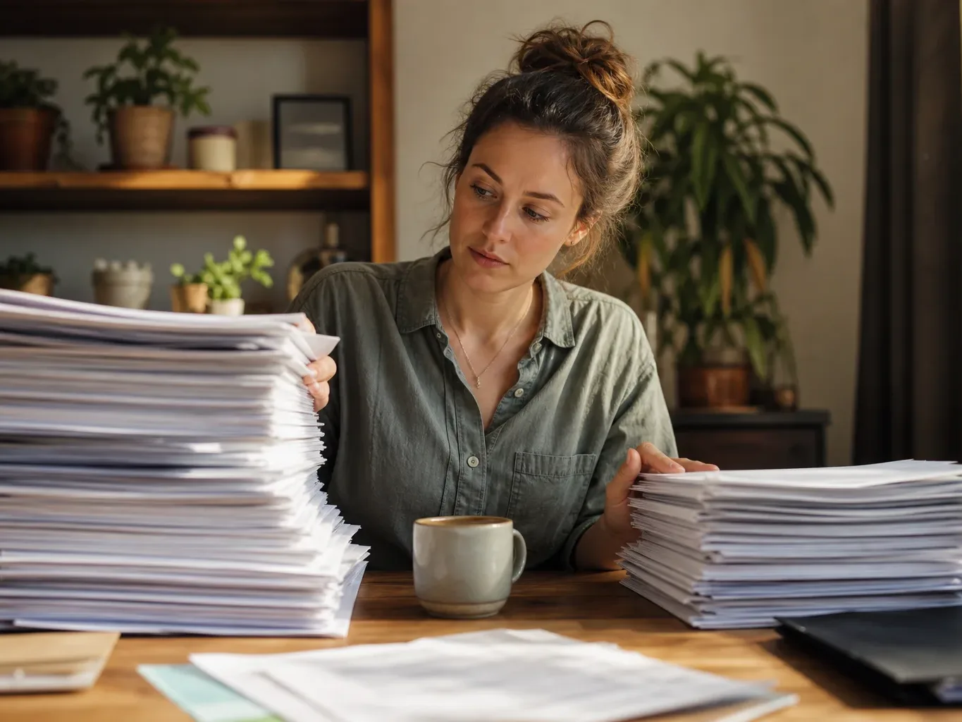 A person weighing up two differently sized stacks of printed documents on a desk