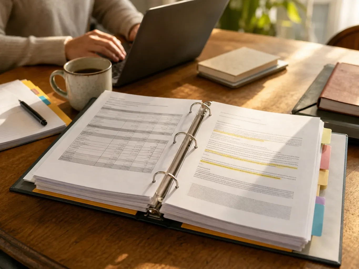 An open audit report binder displaying tabbed sections and highlighted findings