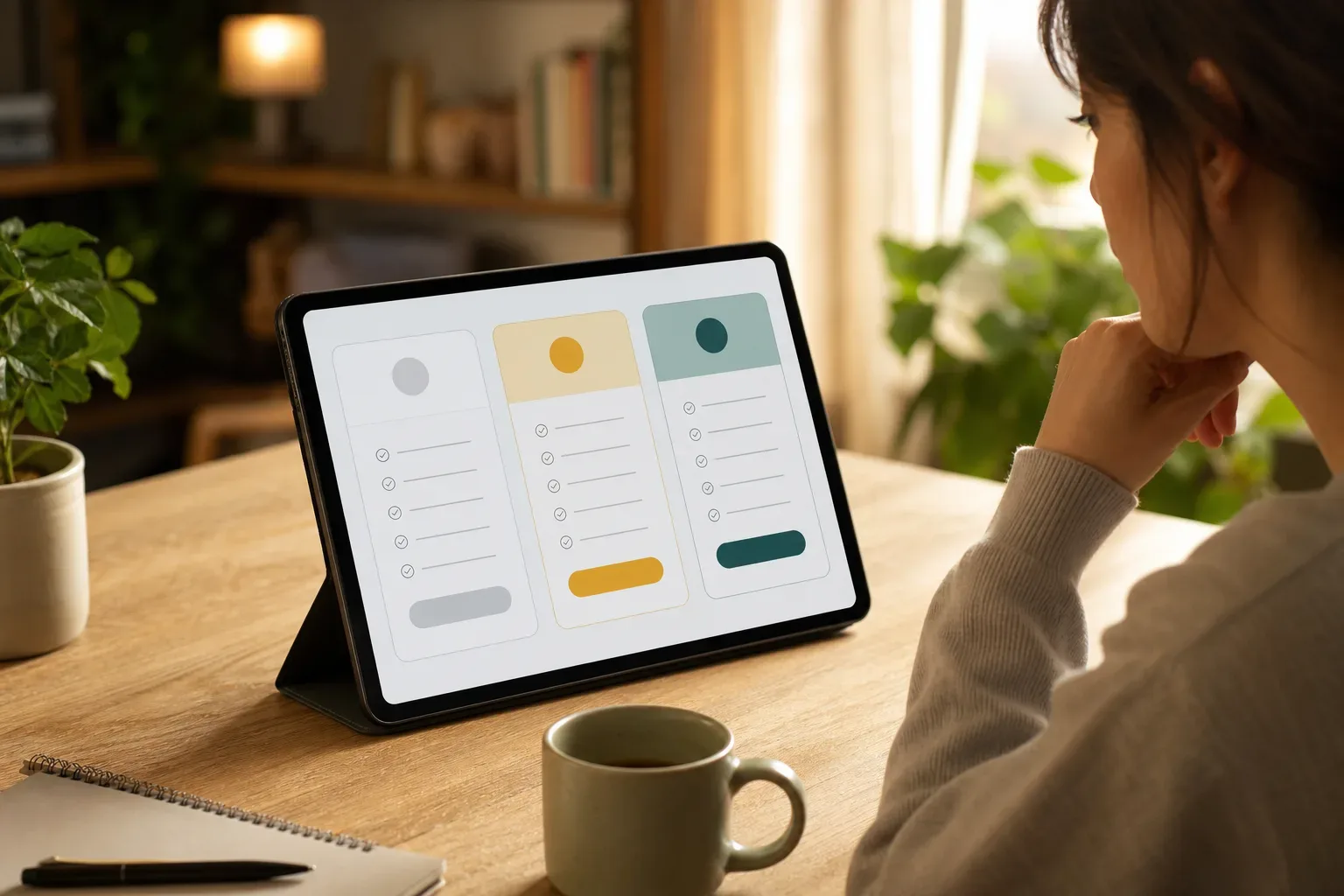 A tiered pricing chart displayed on a tablet propped up on a desk