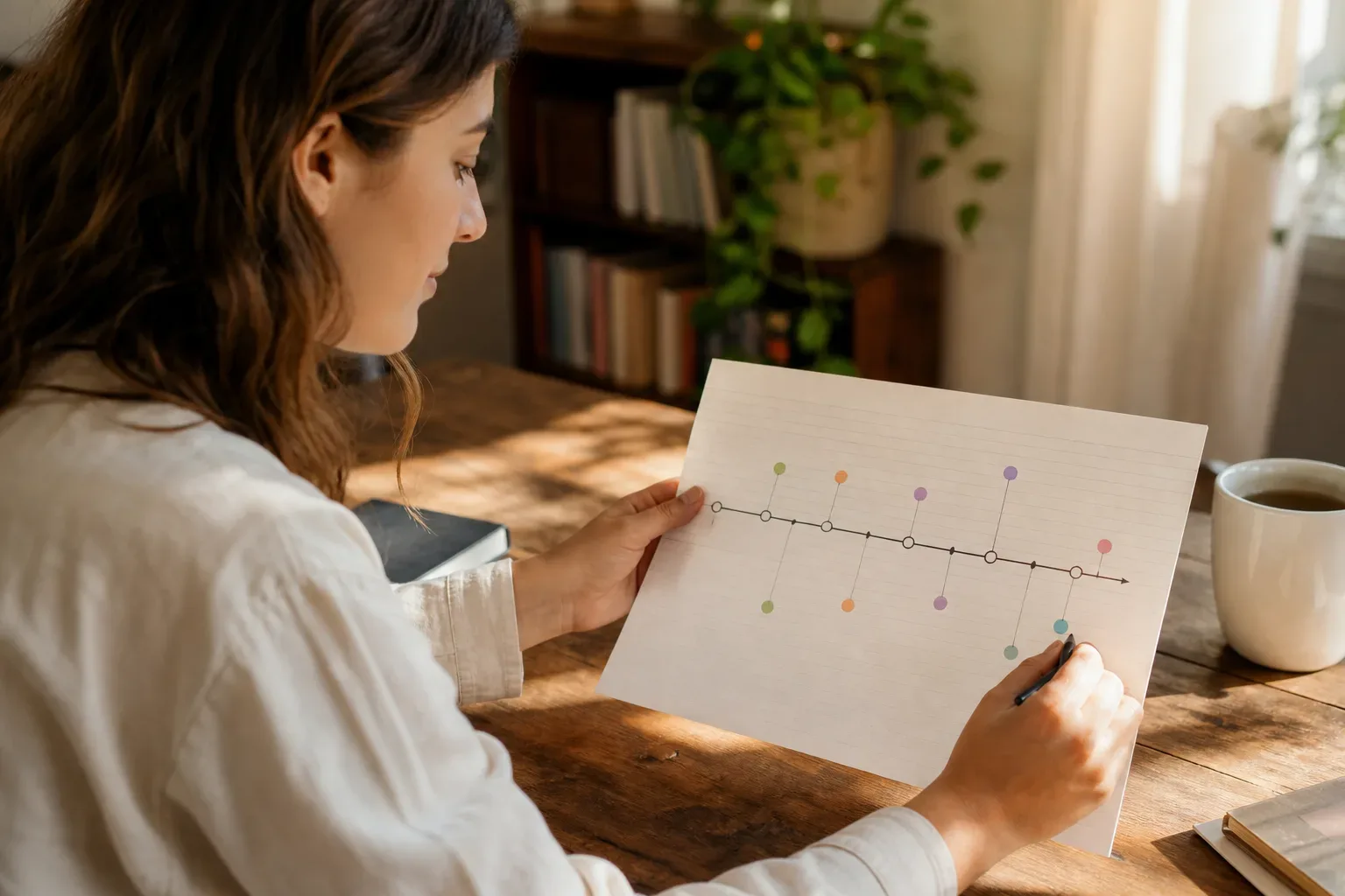 A lined timeline diagram drawn on paper with months labeled and key milestones marked