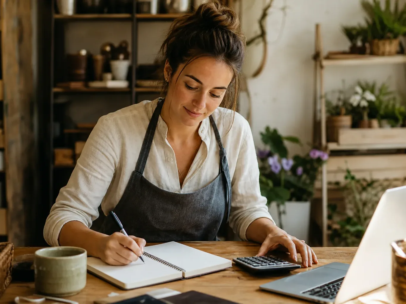 A small business owner writing budget figures in a ring-bound notebook