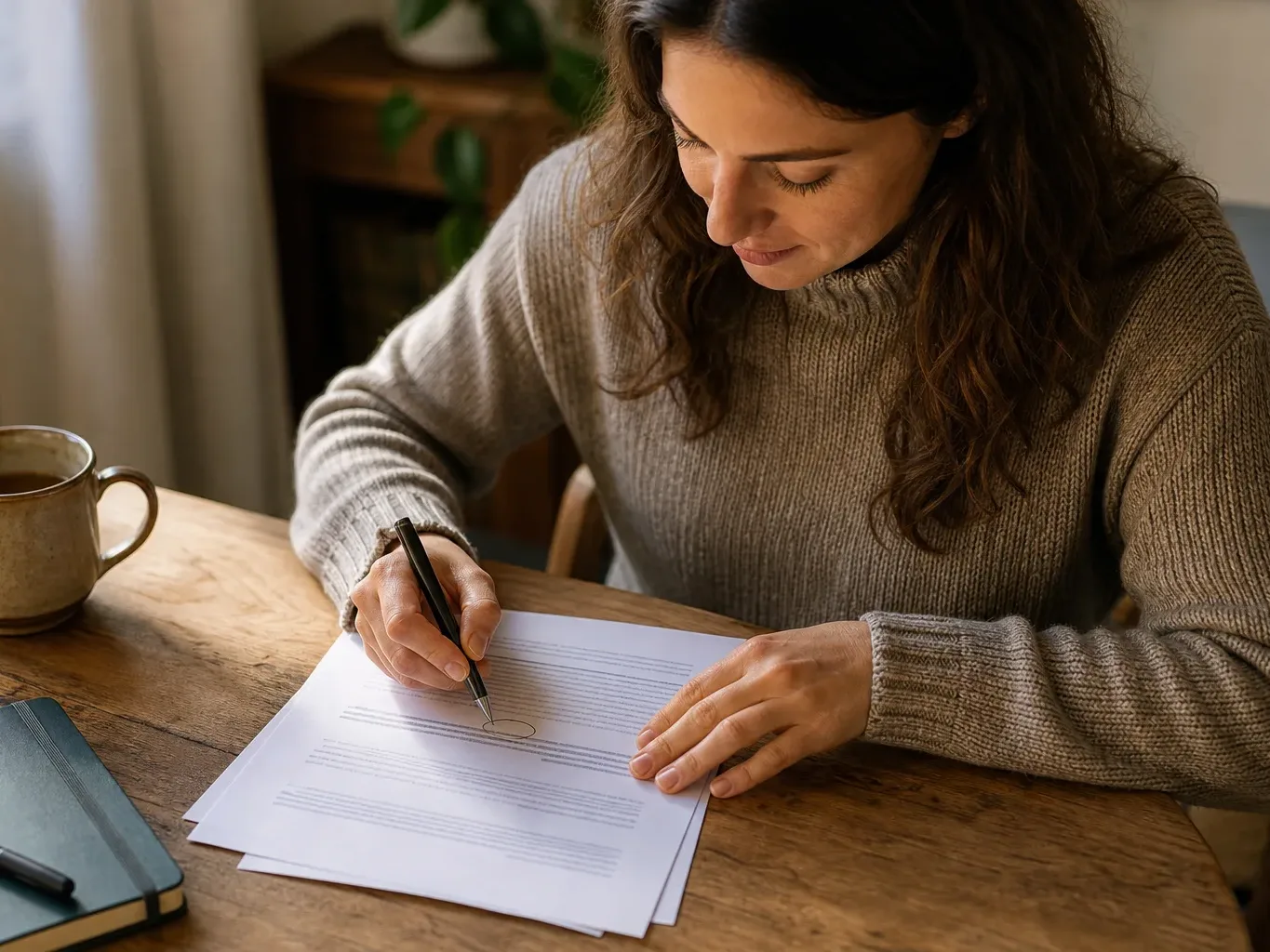 A person circling a specific line in a printed FAQ document with a ballpoint pen