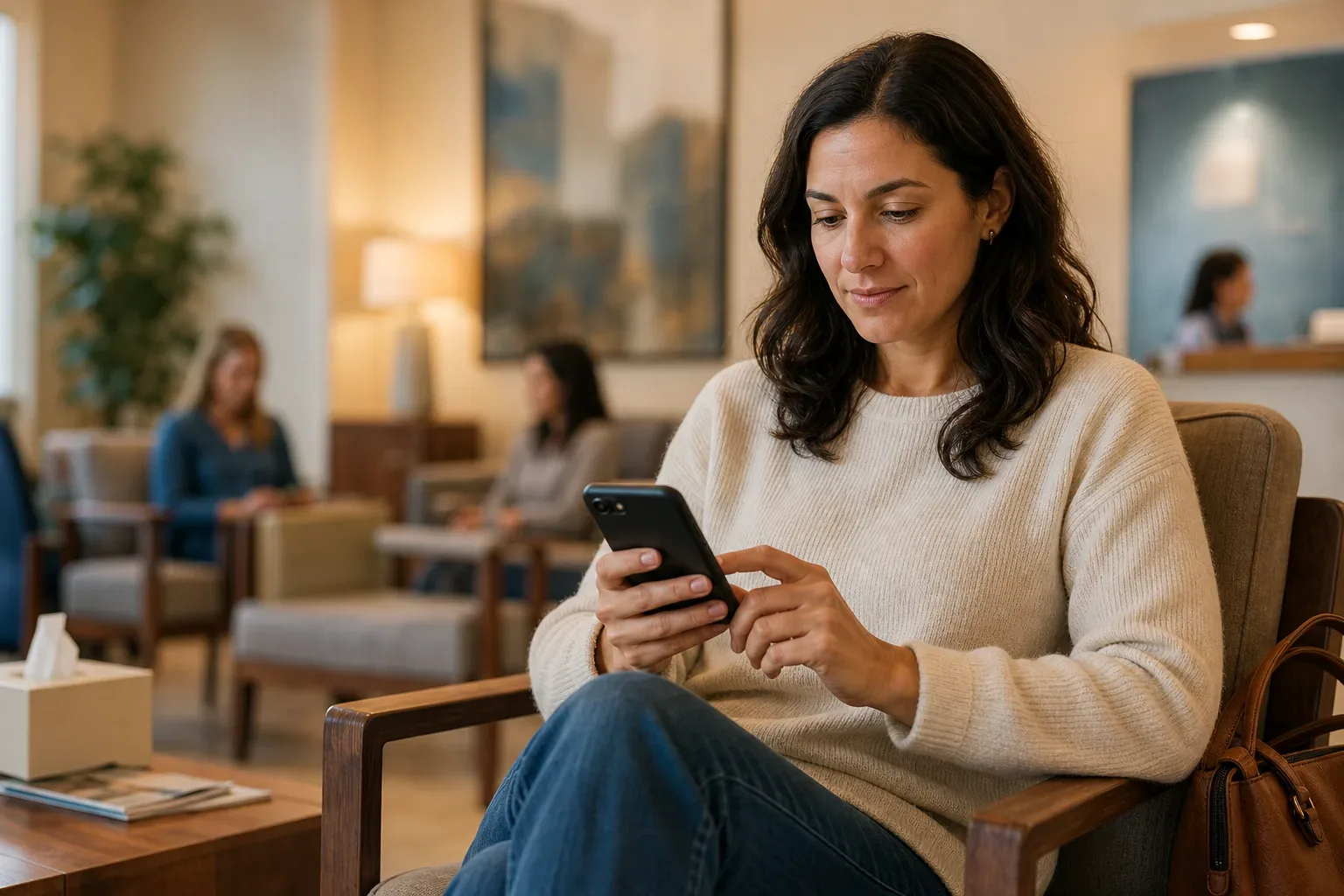 A patient searching for a private clinic on a smartphone in a waiting room setting