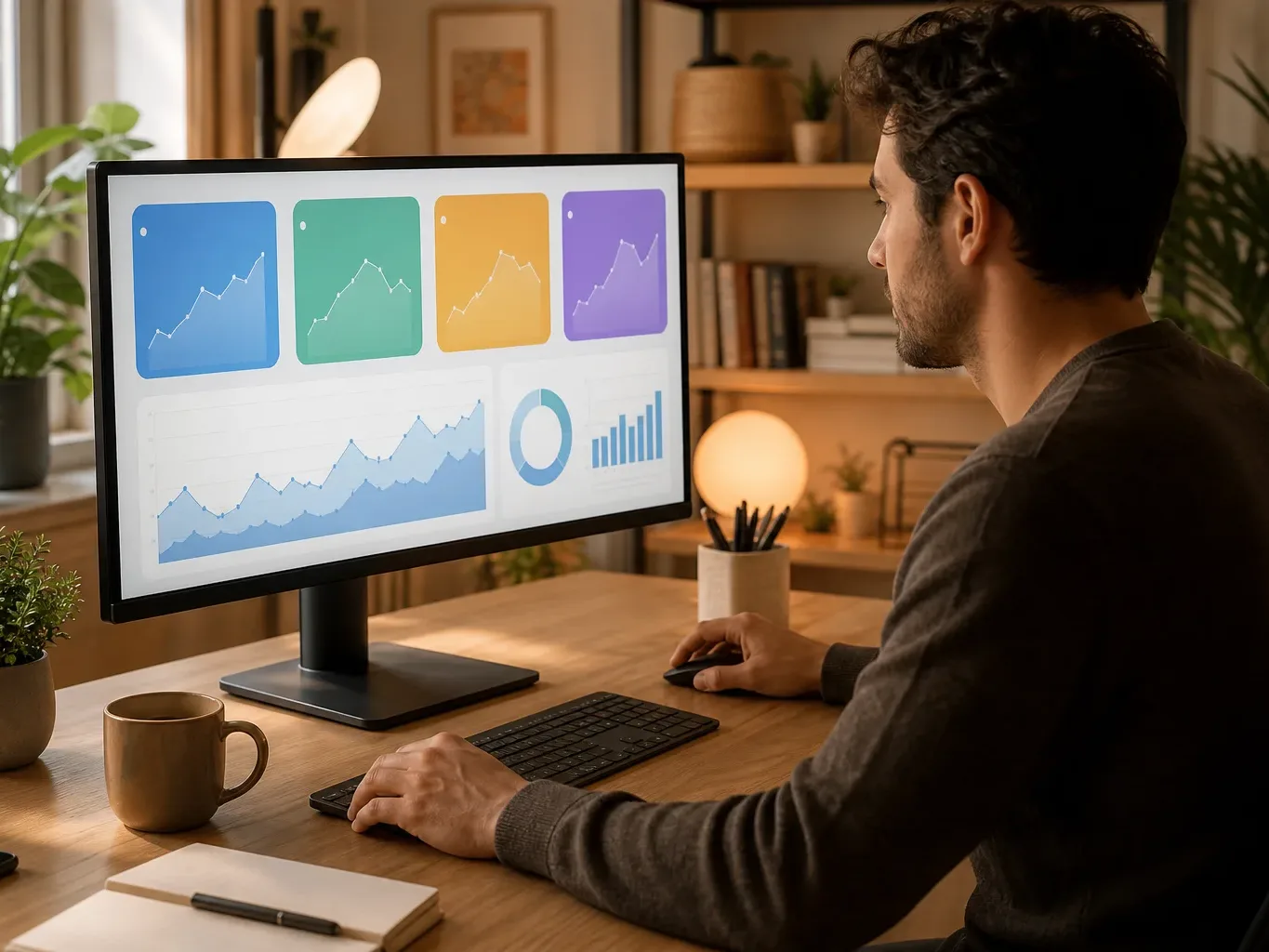 A monitor showing a focused analytics dashboard with four key performance metrics highlighted