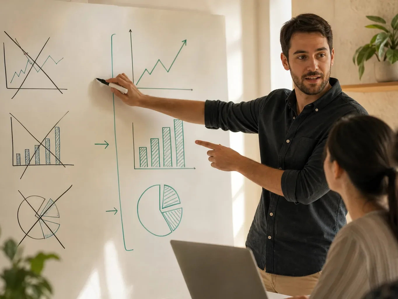A consultant crossing out vanity metrics on a whiteboard while pointing to more meaningful figures