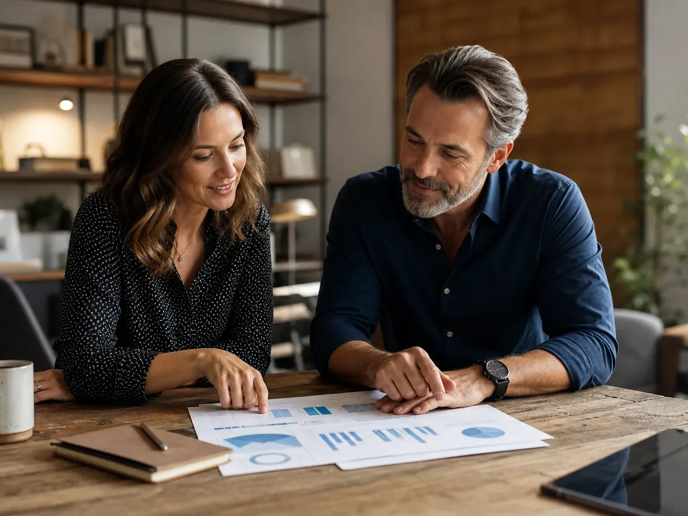 A marketing director and CEO jointly reviewing a report linking SEO outcomes to revenue targets