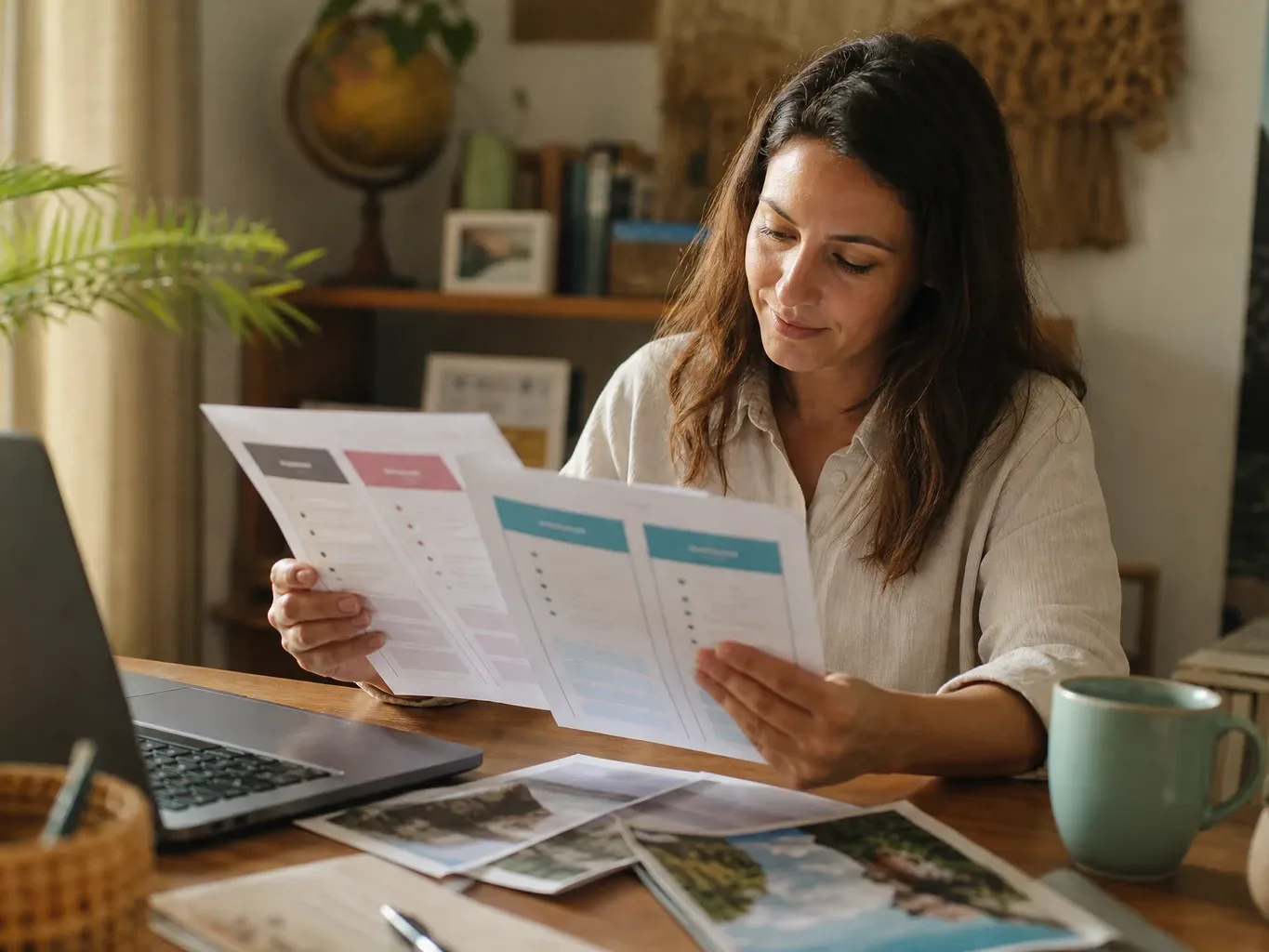 A tourism business owner comparing printed SEO service packages at a desk