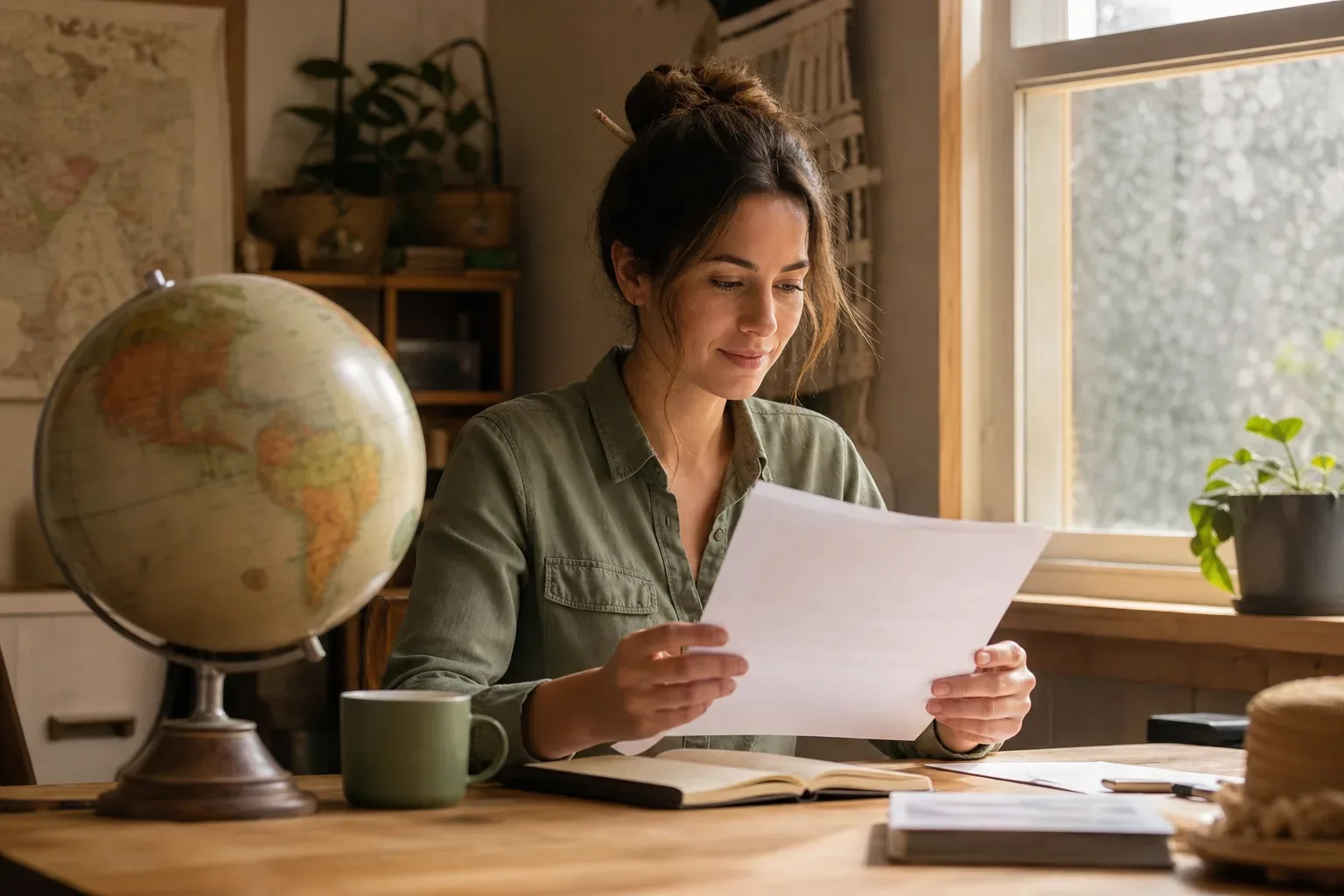 A tour operator reading a printed FAQ document while seated beside a window