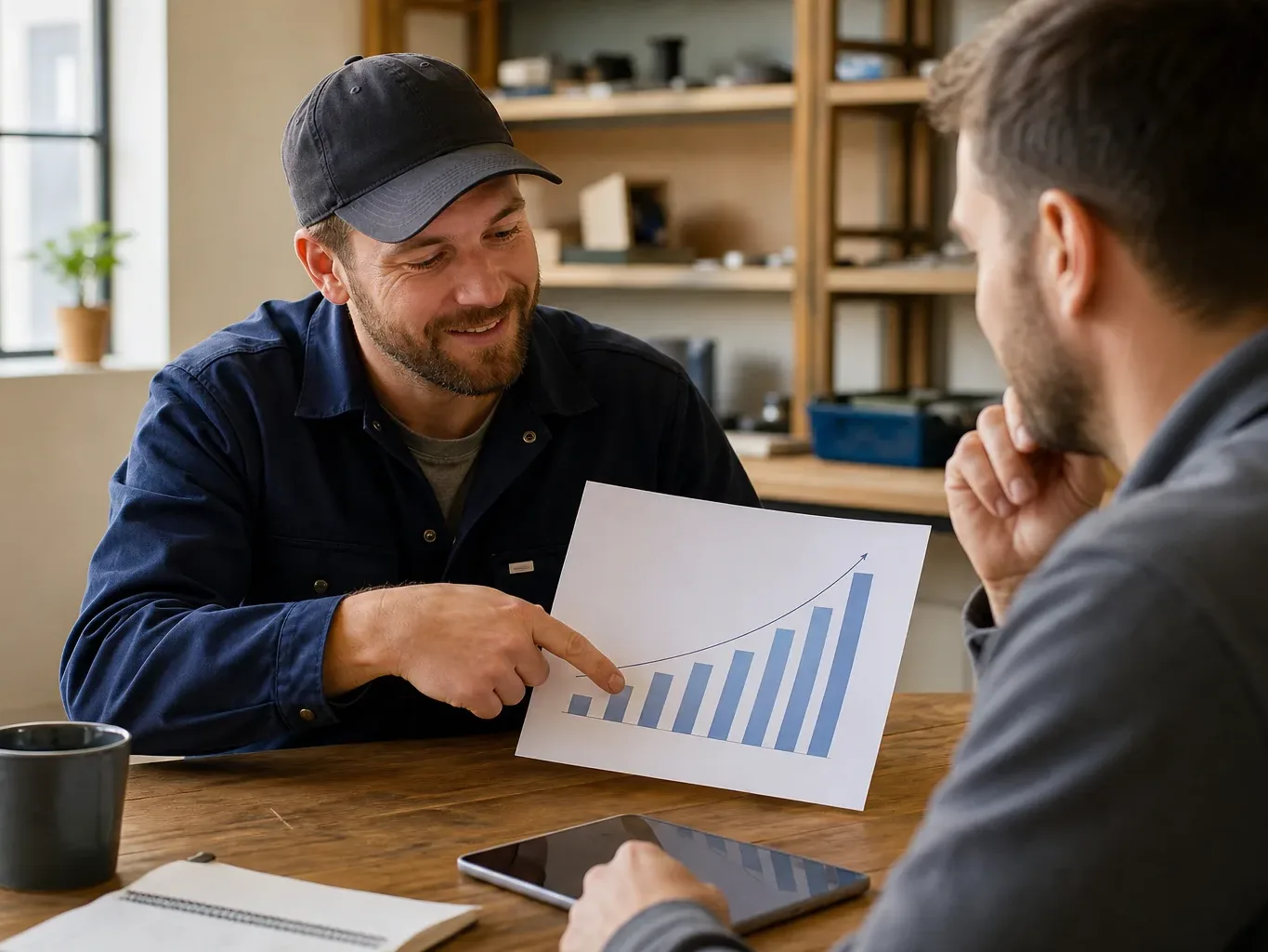 A tradesperson pointing at a printed traffic growth chart showing month-on-month improvement