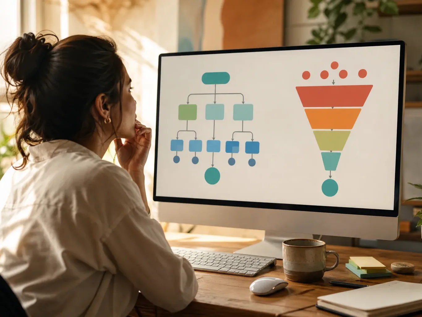 A diagram on a monitor illustrating organic search flow versus a paid ad funnel
